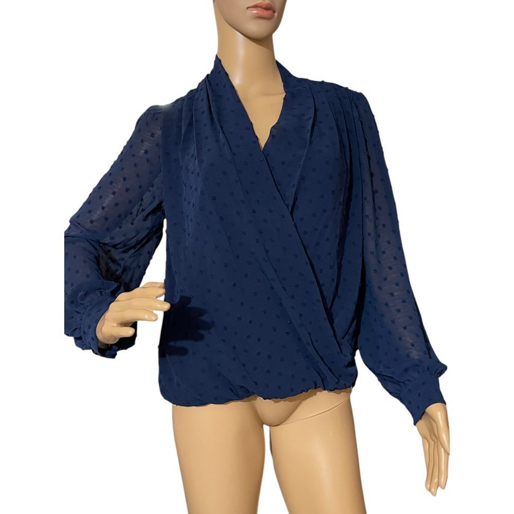 Beacon Apparel Navy Swiss Dot Faux Wrap Blouse Long Sleeve‎ Old Money MP NWT